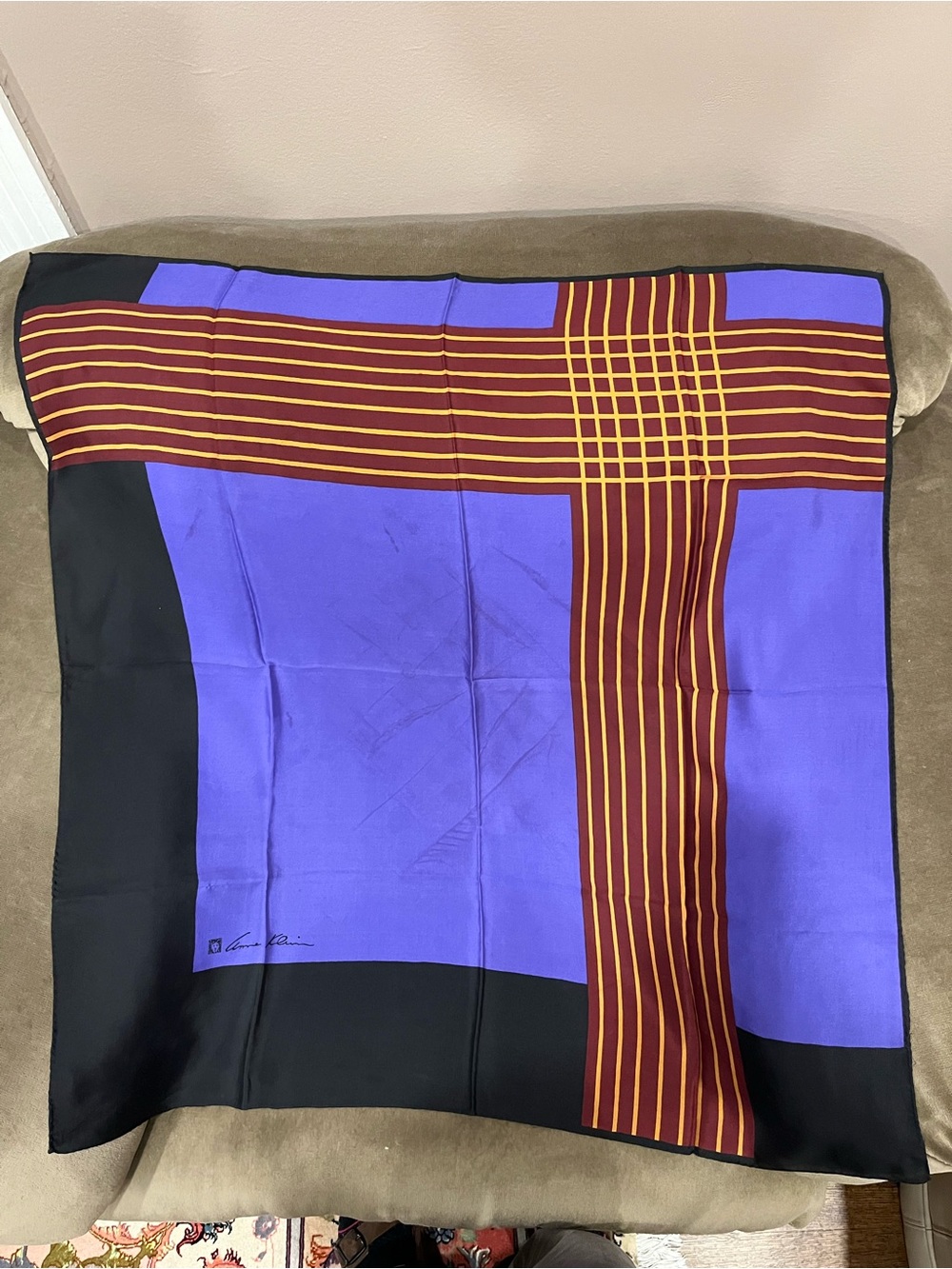 Silk Scarf in Purple and Black with Burgundy Stripe - Anne Klein